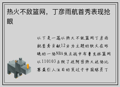 热火不敌篮网，丁彦雨航首秀表现抢眼